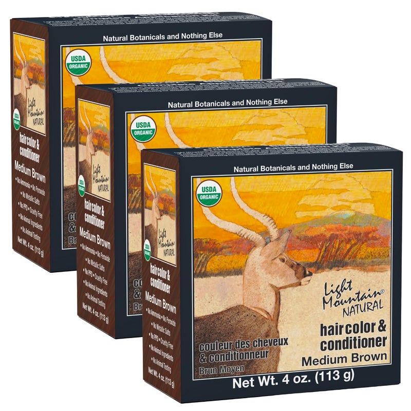 Light Mountain Henna Hair Color & Conditioner - Medium Brown Hair Dye for Men/Women, Organic Henna Leaf Powder and Botanicals, Chemical-Free Semi-Permanent Hair Color, 4 Oz (Pack of 3) - Image 1